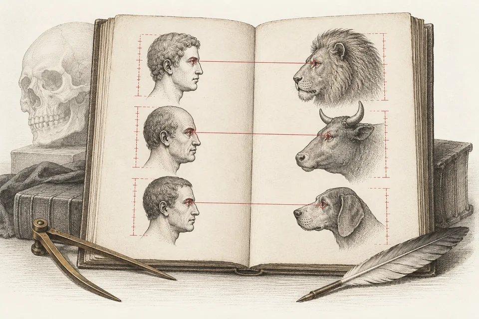 Гравюра: старая книга с профилями людей, рядом с каждым — голова льва, быка или собаки, красные линии соединяют сходные черты