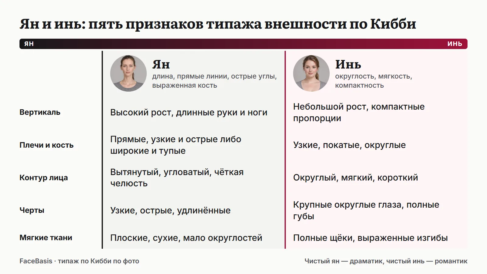 Таблица «Ян и инь по пяти признакам»: у ян высокий рост, длинные руки и ноги, острые линии лица и сухие мягкие ткани, у инь небольшой рост, округлые линии лица и полные щёки с выраженными изгибами